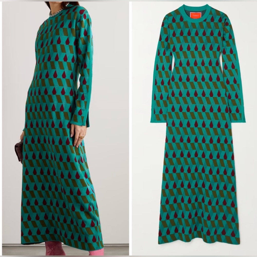 LA DoubleJ Jacquard Knit Leisure Dress Turquoise Maxi Geometric Print - small